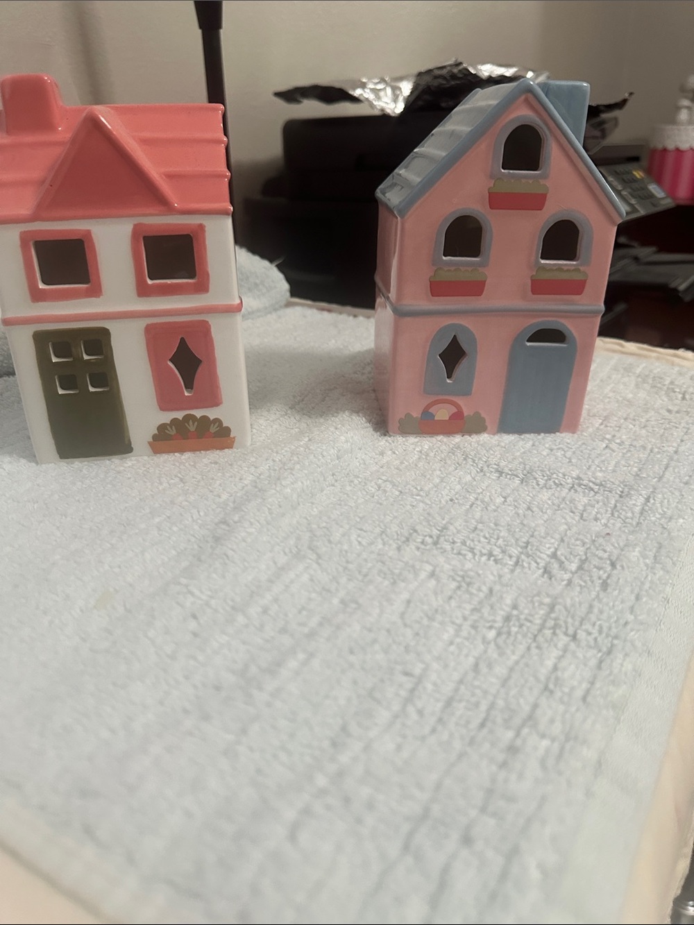 Set of 2 Decorative Pink Ceramic Cottage Homes that light up